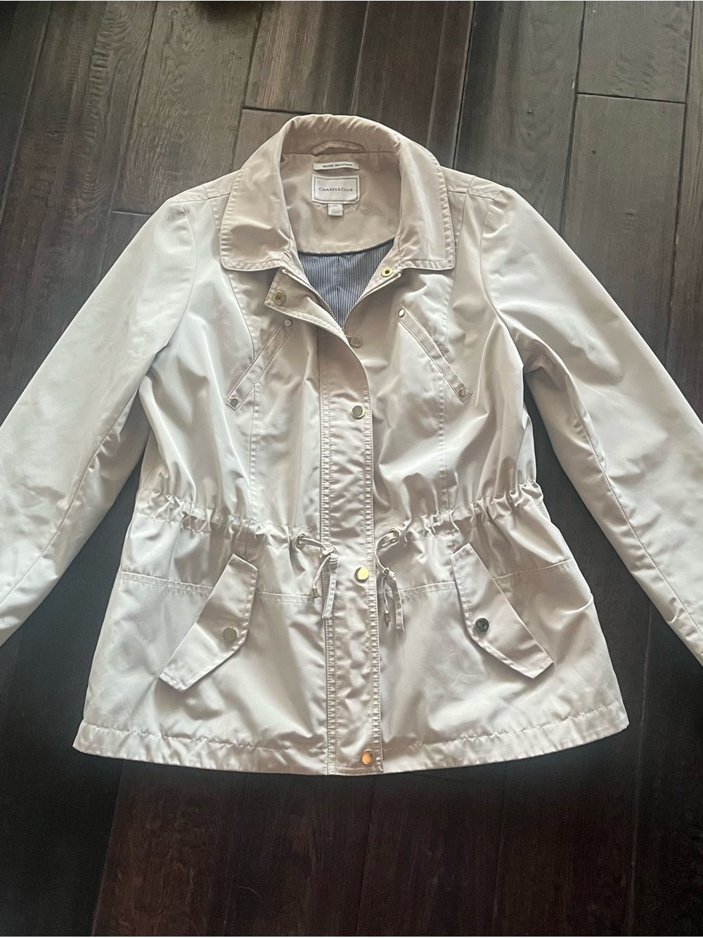 Charter Club Water Resistant Anorak Jacket Beige Stripe Lining Size PM